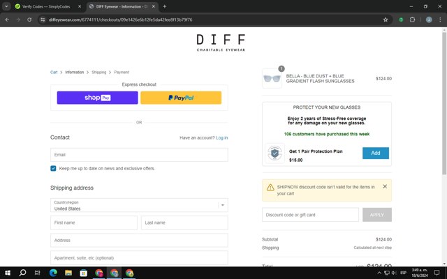 DIFF Eyewear checkout page showing DIFF Eyewear coupon code box | Screenshot taken by SimplyCodes community member on Jun 18, 2024