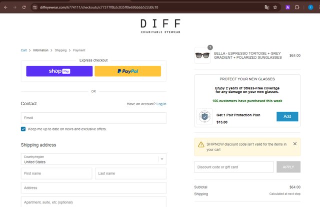 DIFF Eyewear checkout page showing DIFF Eyewear coupon code box | Screenshot taken by SimplyCodes community member on Jul 2, 2024