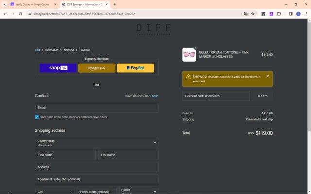 DIFF Eyewear checkout page showing DIFF Eyewear coupon code box | Screenshot taken by SimplyCodes community member on Mar 19, 2024