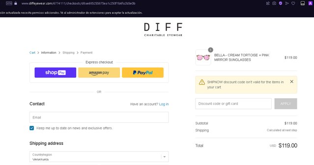 DIFF Eyewear checkout page showing DIFF Eyewear coupon code box | Screenshot taken by SimplyCodes community member on Mar 30, 2024
