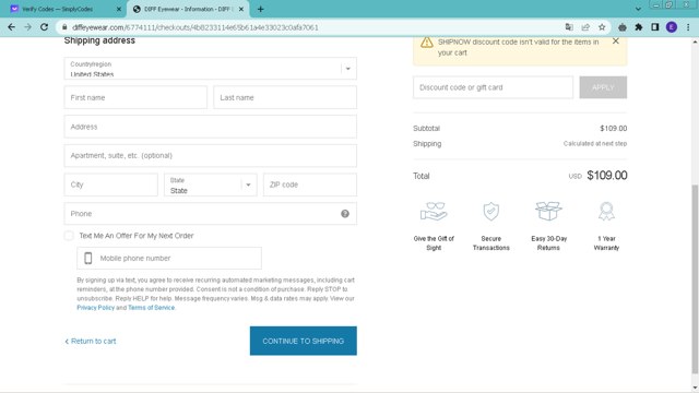 DIFF Eyewear checkout page showing DIFF Eyewear coupon code box | Screenshot taken by SimplyCodes community member on Feb 20, 2024