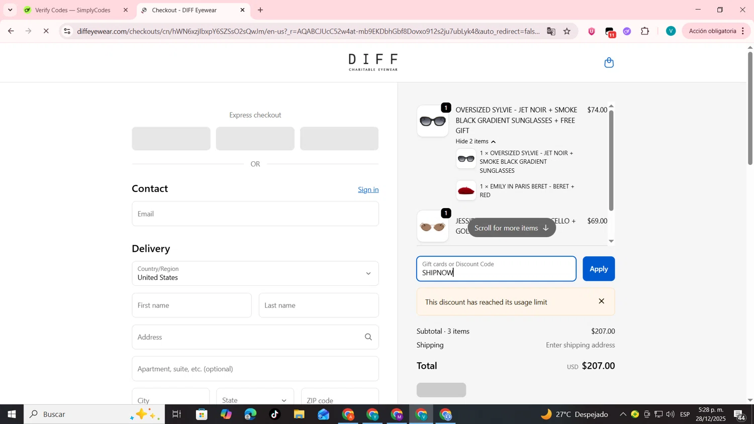 DIFF Eyewear promo code screenshot showing code SHIPNOW applied at DIFF Eyewear checkout page. Uploaded by SimplyCodes community member lyffytaro on Dec 28, 2025