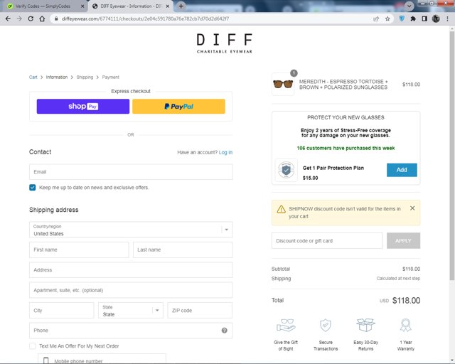 DIFF Eyewear checkout page showing DIFF Eyewear coupon code box | Screenshot taken by SimplyCodes community member on May 27, 2024