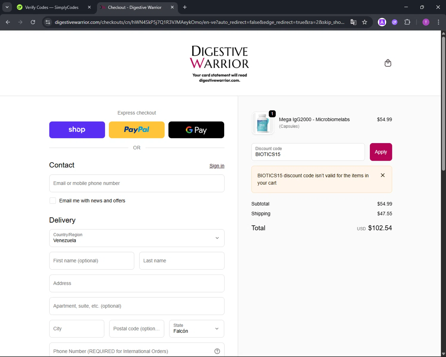 Digestive Warrior coupon code screenshot showing code BIOTICS15 applied at Digestive Warrior checkout page. Uploaded by SimplyCodes community member CleverFinder9623 on Oct 23, 2025