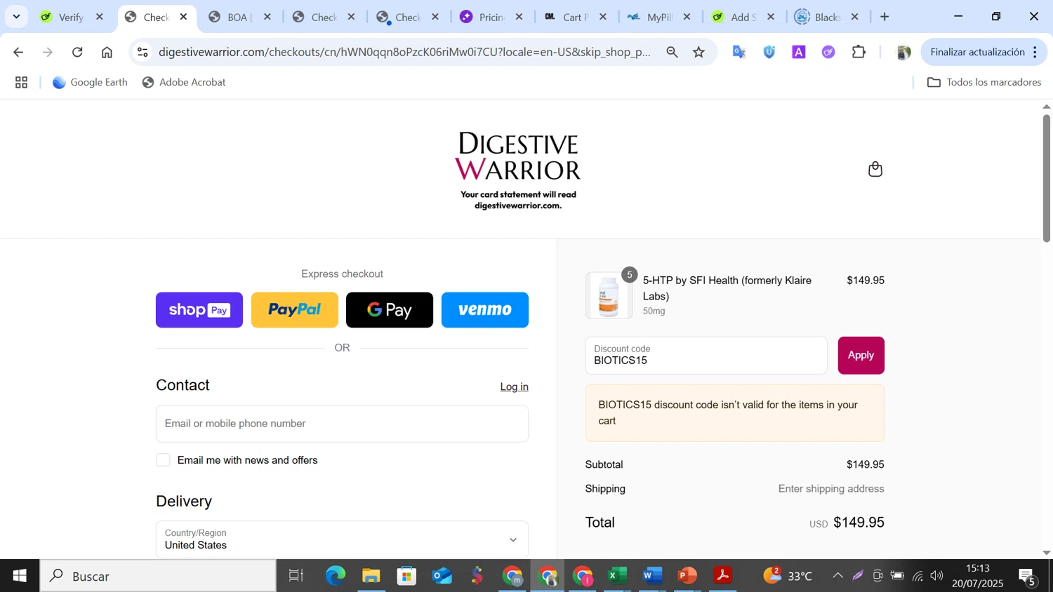 Digestive Warrior coupon code screenshot showing code BIOTICS15 applied at Digestive Warrior checkout page. Uploaded by SimplyCodes community member NobleMonarch5837 on Jul 20, 2025