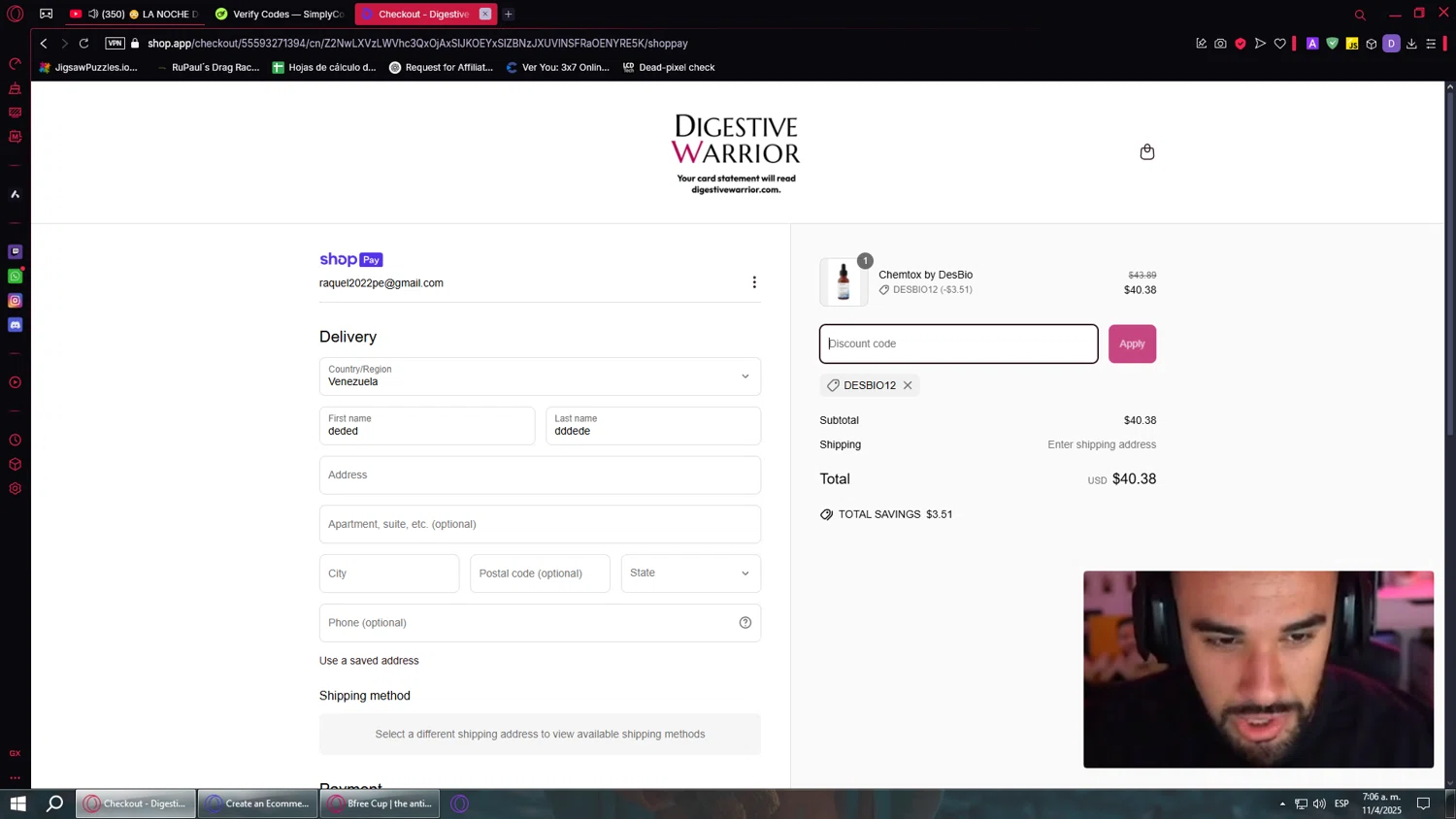 Digestive Warrior coupon code screenshot showing code DESBIO12 applied at Digestive Warrior checkout page. Uploaded by SimplyCodes community member WalterWhite on Apr 11, 2025