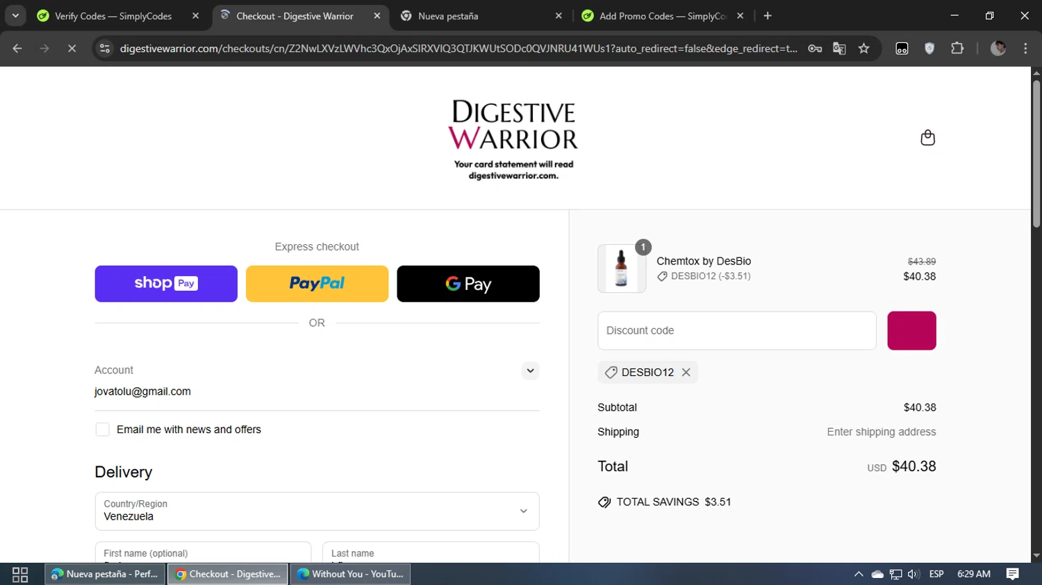 Digestive Warrior coupon code screenshot showing code DESBIO12 applied at Digestive Warrior checkout page. Uploaded by SimplyCodes community member loooovallll on May 10, 2025