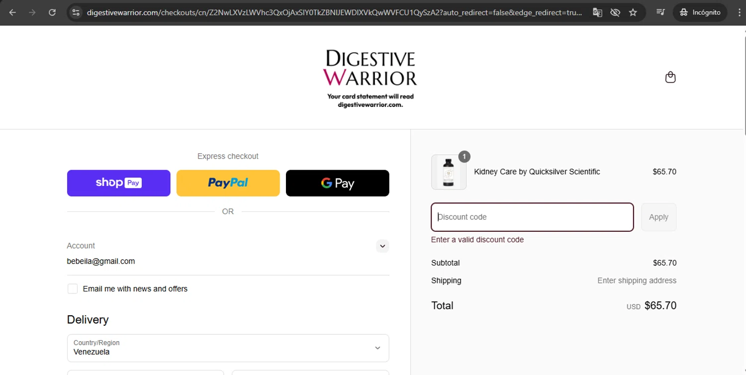 Digestive Warrior coupon code screenshot showing code DETOX10 applied at Digestive Warrior checkout page. Uploaded by SimplyCodes community member UchihaMadara on May 13, 2025