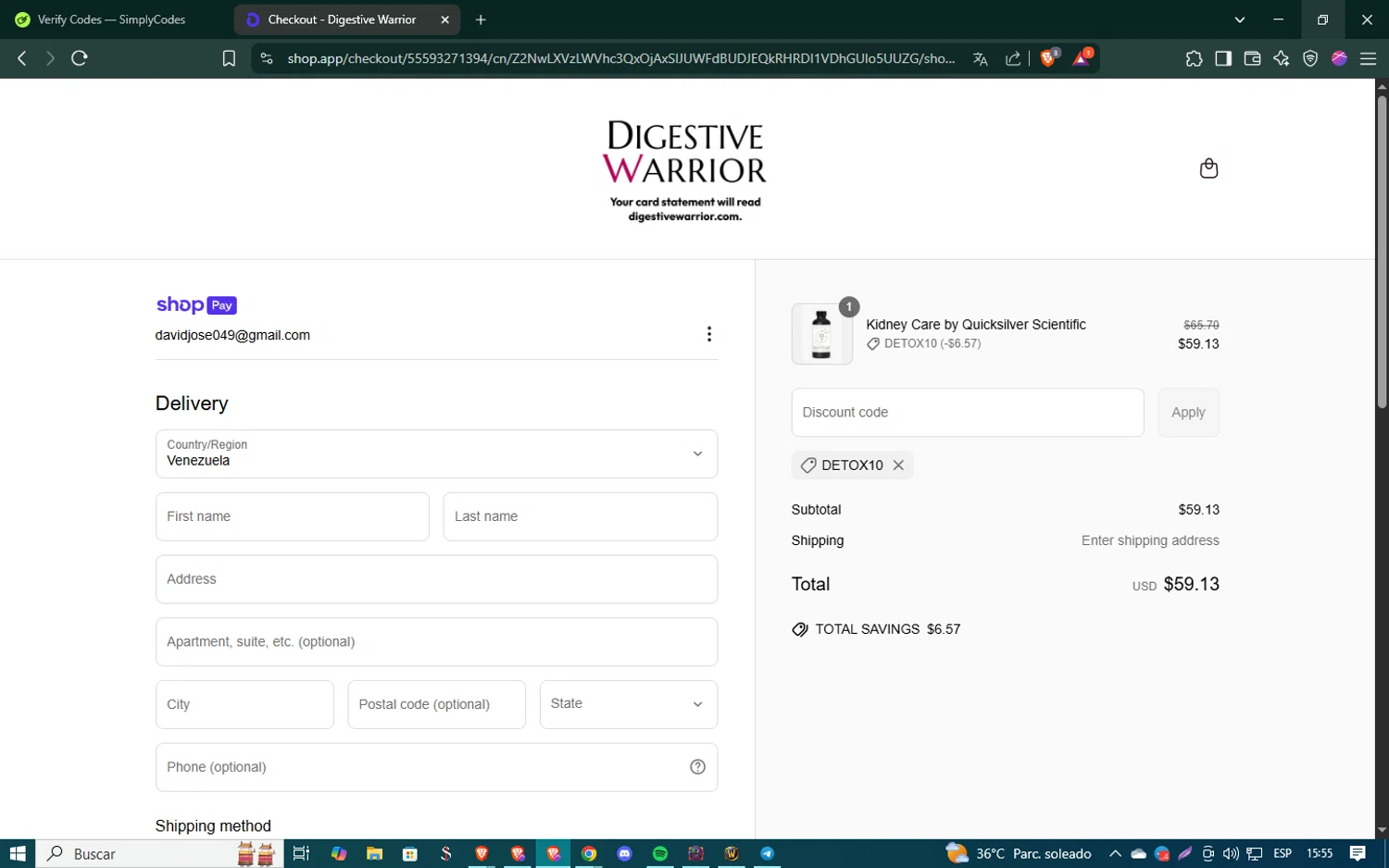Digestive Warrior coupon code screenshot showing code DETOX10 applied at Digestive Warrior checkout page. Uploaded by SimplyCodes community member SmartSaver5448 on Apr 14, 2025