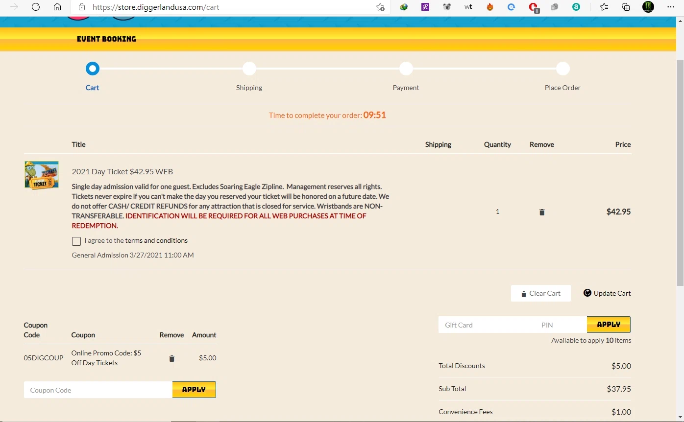 Diggerland USA checkout page showing Diggerland USA promo code box | Screenshot taken by SimplyCodes community member on Mar 20, 2021
