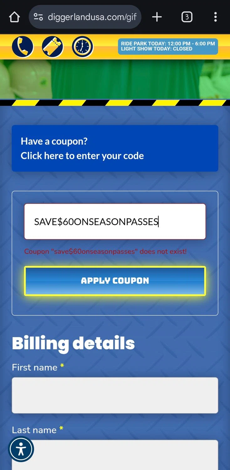 Diggerland USA promo code screenshot showing code SAVE$60ONSEASONPASSES applied at Diggerland USA checkout page. Uploaded by SimplyCodes community member gerardlaya on May 17, 2025