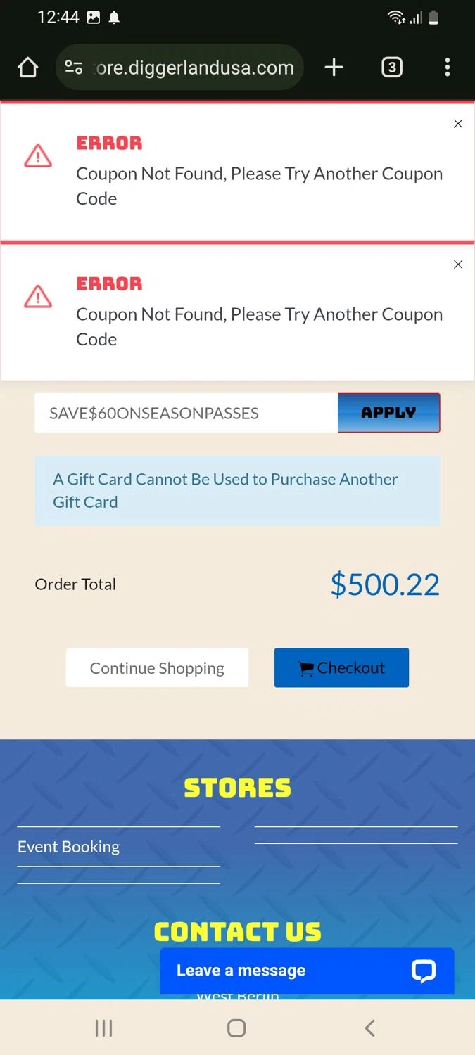 Diggerland USA promo code screenshot showing code SAVE$60ONSEASONPASSES applied at Diggerland USA checkout page. Uploaded by SimplyCodes community member tulioriera on May 17, 2025