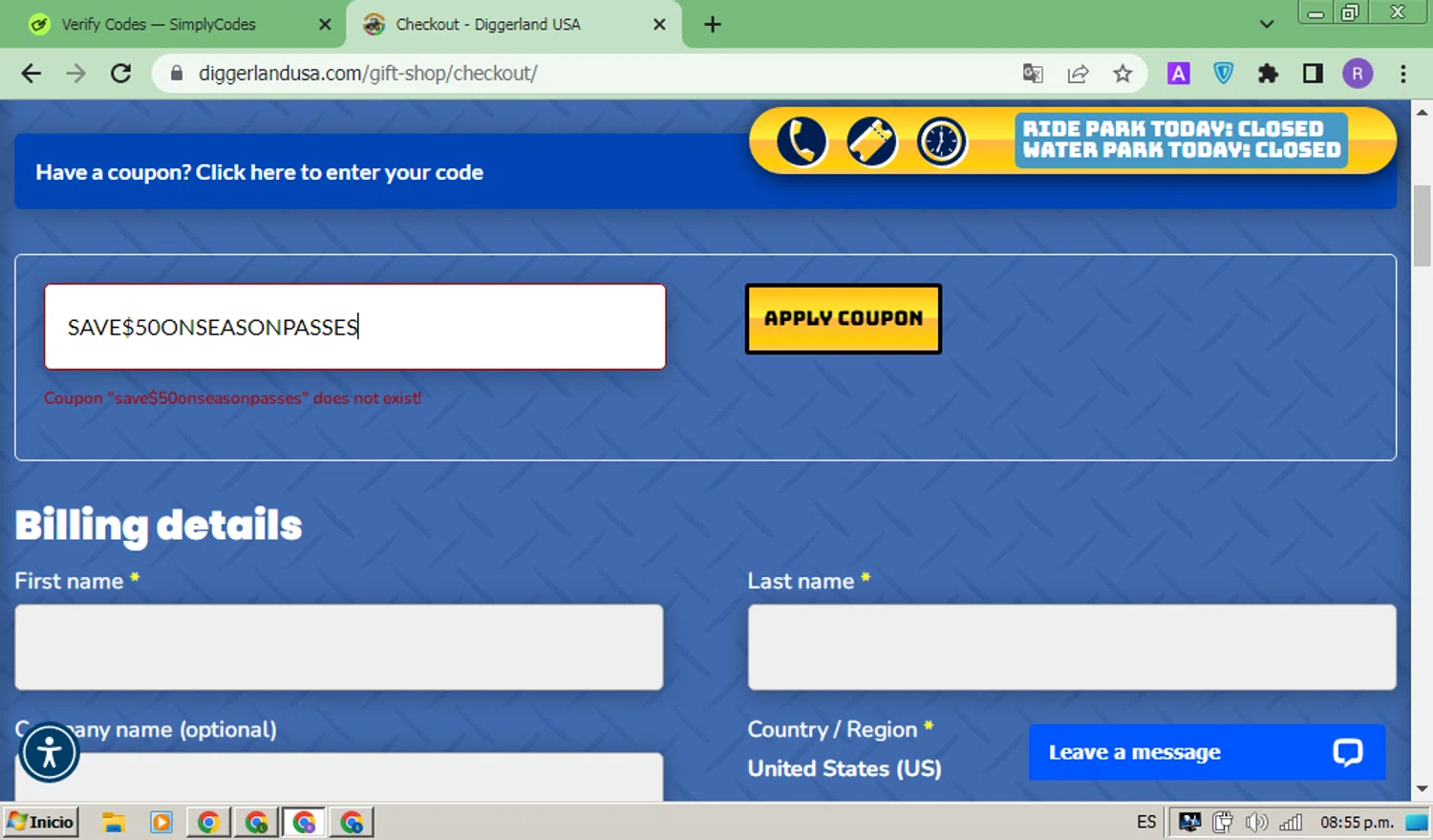 Diggerland USA promo code screenshot showing code SAVE$50ONSEASONPASSES applied at Diggerland USA checkout page. Uploaded by SimplyCodes community member ThriftyMonarch5789 on May 23, 2025