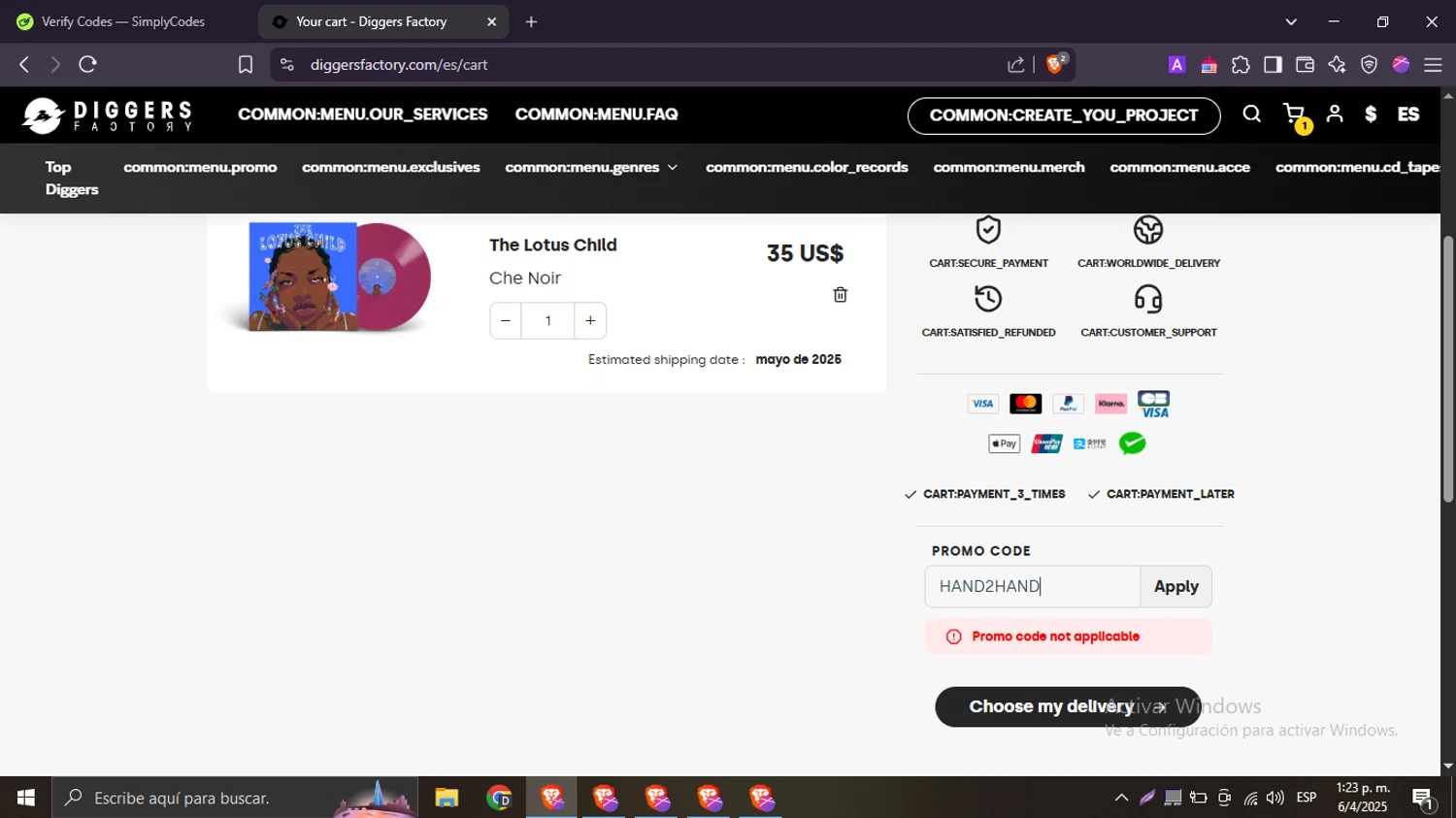 Diggers Factory promo code screenshot showing code HAND2HAND applied at Diggers Factory checkout page. Uploaded by SimplyCodes community member Esterasa on Apr 6, 2025
