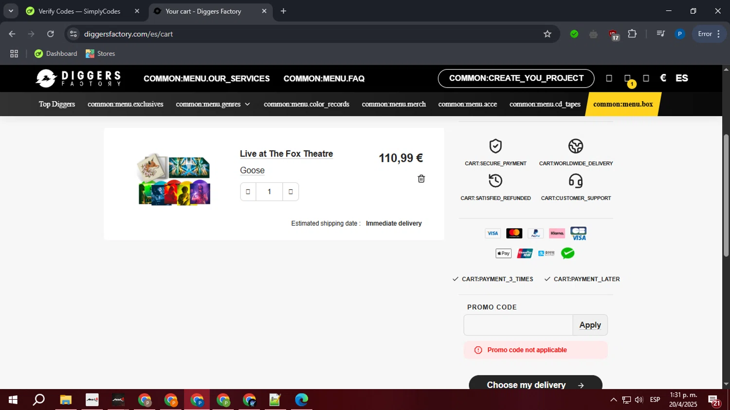 Diggers Factory promo code screenshot showing code HAND2HAND applied at Diggers Factory checkout page. Uploaded by SimplyCodes community member GoldSaver3857 on Apr 20, 2025