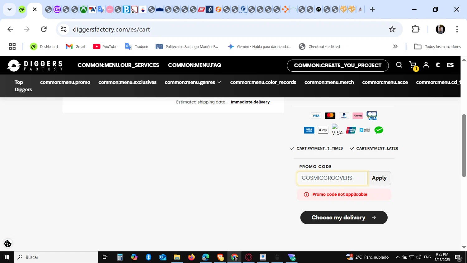 Diggers Factory promo code screenshot showing code COSMICGROOVERS applied at Diggers Factory checkout page. Uploaded by SimplyCodes community member KataldoMustafack on Mar 19, 2025