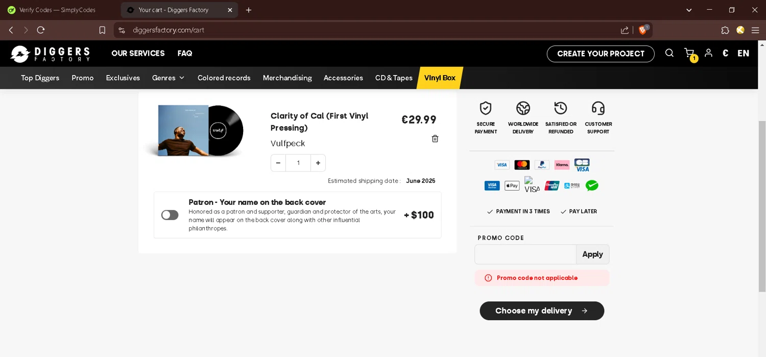 Diggers Factory promo code screenshot showing code COSMICGROOVERS applied at Diggers Factory checkout page. Uploaded by SimplyCodes community member BrilliantChaser4706 on Mar 4, 2025