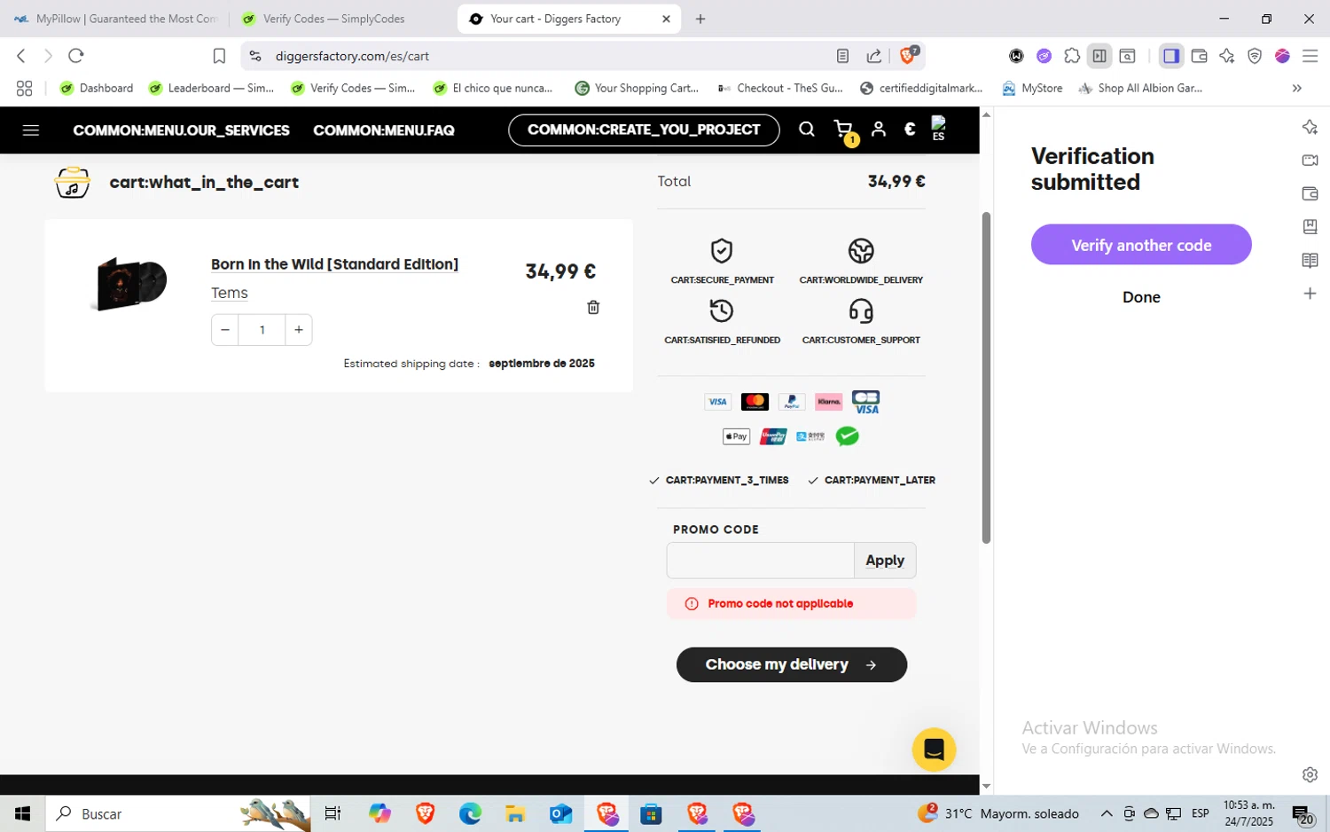 Diggers Factory promo code screenshot showing code SAVE20 applied at Diggers Factory checkout page. Uploaded by SimplyCodes community member Rayyyyyy on Jul 24, 2025