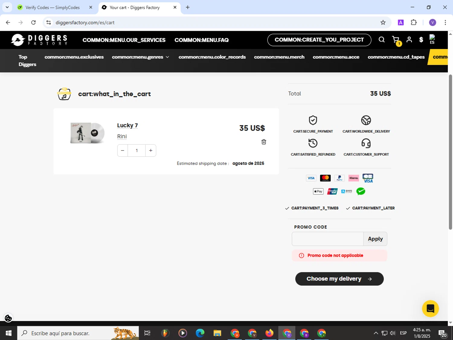 Diggers Factory promo code screenshot showing code DIGGERS503 applied at Diggers Factory checkout page. Uploaded by SimplyCodes community member Satoru_gojo on Aug 1, 2025