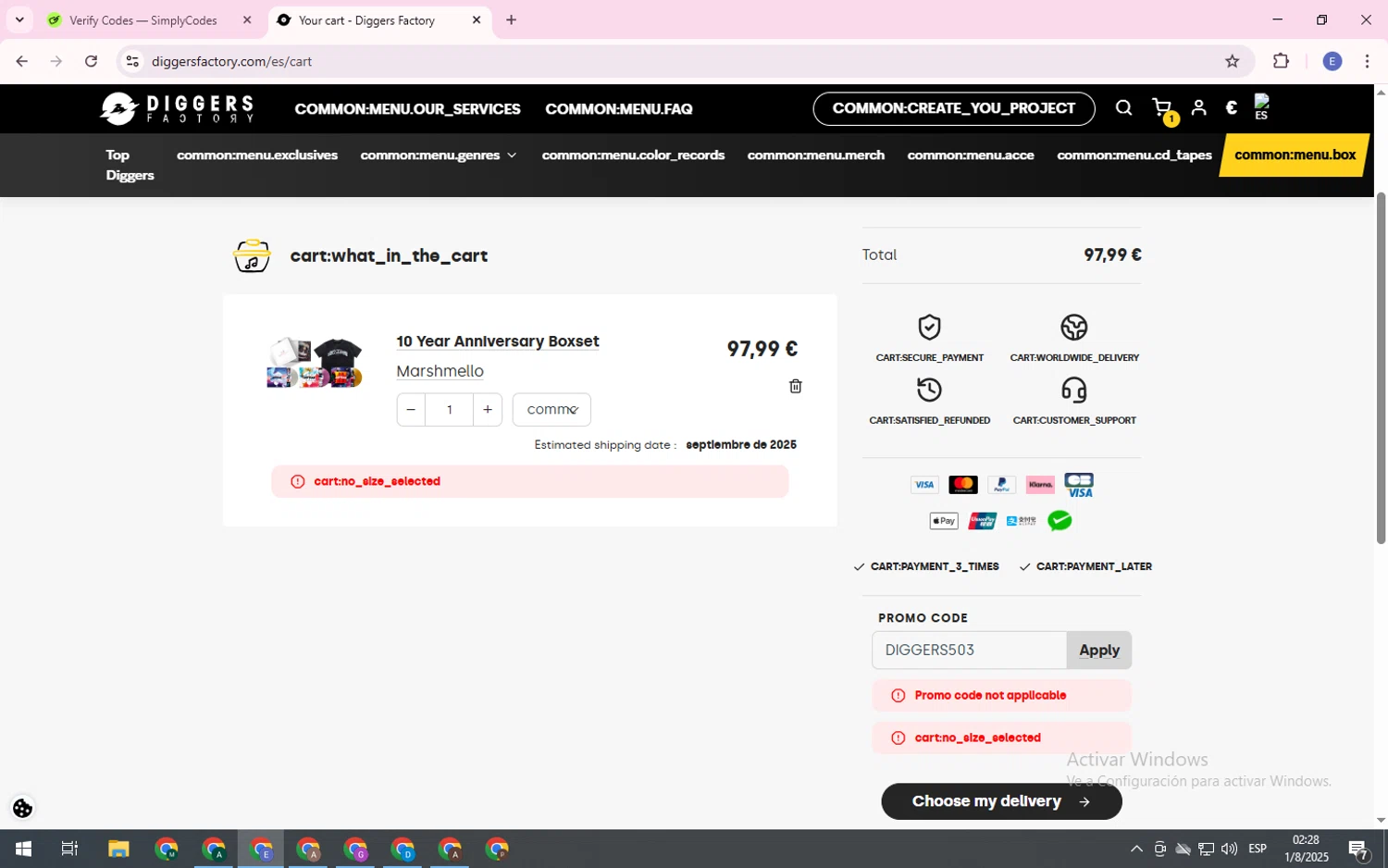 Diggers Factory promo code screenshot showing code DIGGERS503 applied at Diggers Factory checkout page. Uploaded by SimplyCodes community member ThriftyWarden3521 on Aug 1, 2025