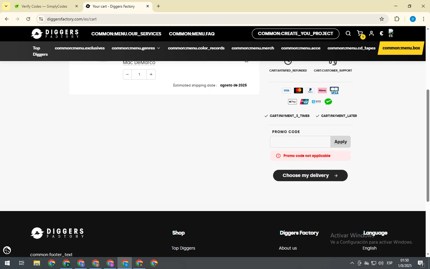 Diggers Factory promo code screenshot showing code DIGGERS503 applied at Diggers Factory checkout page. Uploaded by SimplyCodes community member WonderPilot8835 on Aug 1, 2025