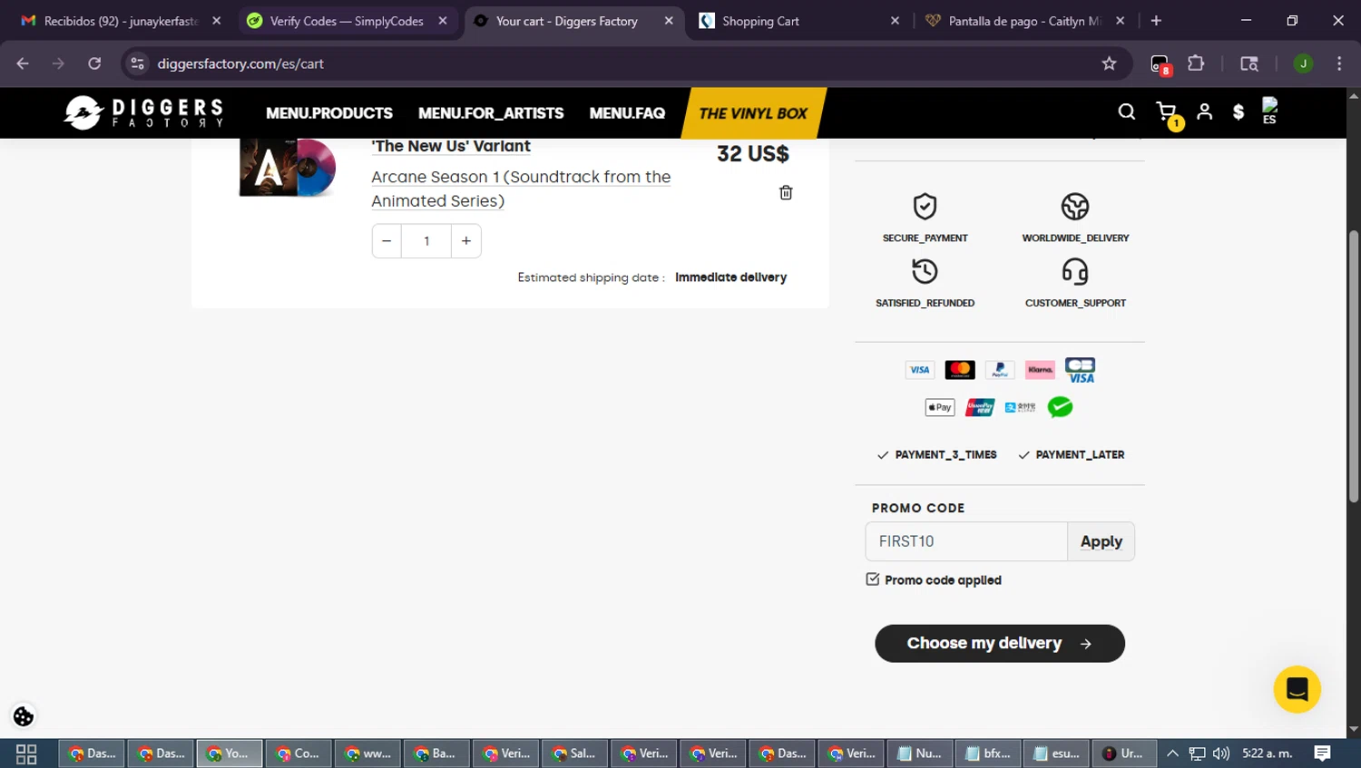 Diggers Factory promo code screenshot showing code FIRST10 applied at Diggers Factory checkout page. Uploaded by SimplyCodes community member SmartLion6646 on Oct 29, 2025