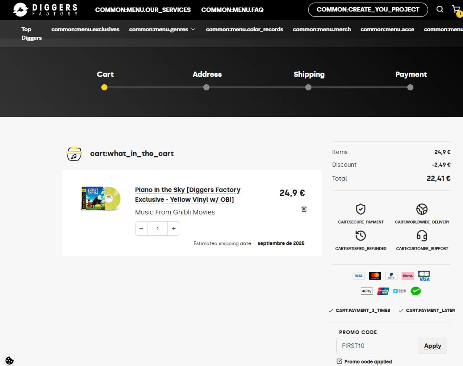 Diggers Factory promo code screenshot showing code FIRST10 applied at Diggers Factory checkout page. Uploaded by SimplyCodes community member ashe1986 on Aug 4, 2025