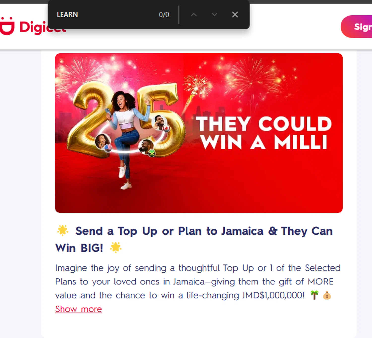 Digicel promo code screenshot showing code LEARN applied at Digicel checkout page. Uploaded by SimplyCodes community member LieutenantGhost on Jan 30, 2025