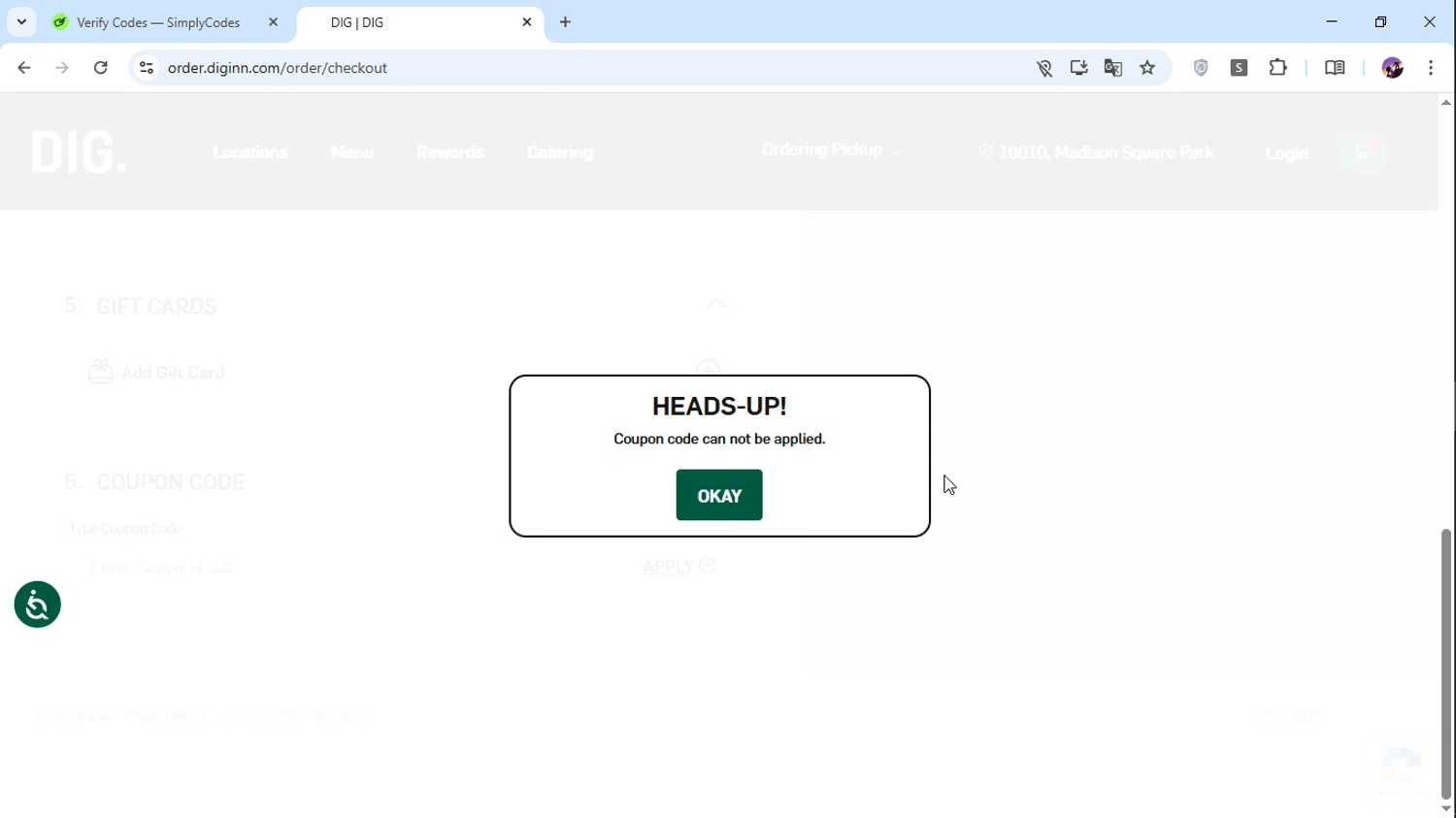 DIG Inn promo code screenshot showing code 30OFF applied at DIG Inn checkout page. Uploaded by SimplyCodes community member LAMONEDAPERDIDA on Jun 19, 2025