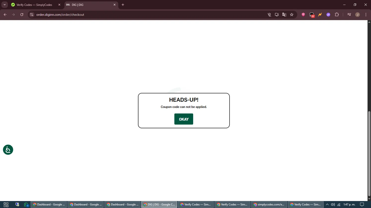 DIG Inn checkout page showing DIG Inn promo code box | Screenshot taken by SimplyCodes community member on Jun 9, 2025