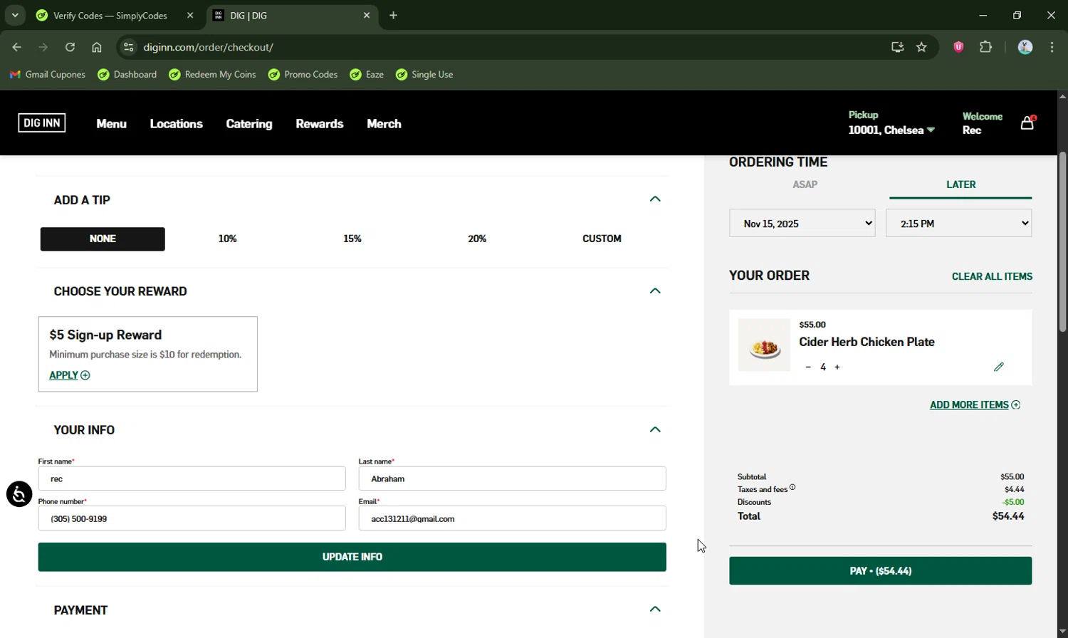DIG Inn promo code screenshot showing code GOJETBLUE applied at DIG Inn checkout page. Uploaded by SimplyCodes community member LHaunter2 on Nov 14, 2025