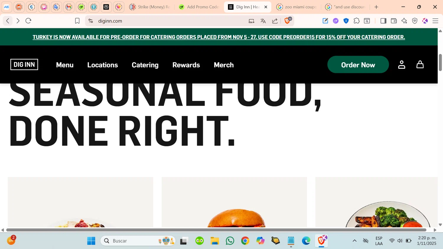 DIG Inn promo code screenshot showing code PREORDER15 applied at DIG Inn checkout page. Uploaded by SimplyCodes community member cosita on Nov 1, 2025
