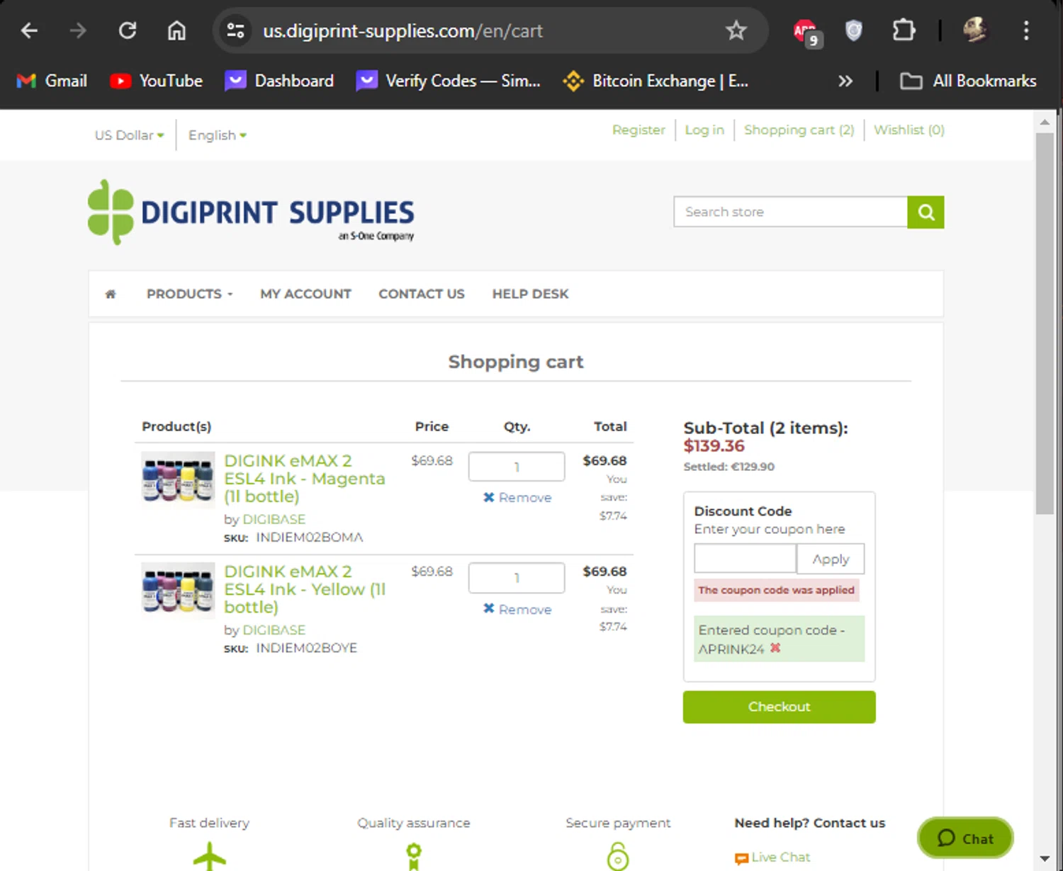 DIGIPRINT SUPPLIES checkout page showing DIGIPRINT SUPPLIES discount code box | Screenshot taken by SimplyCodes community member on Apr 11, 2024