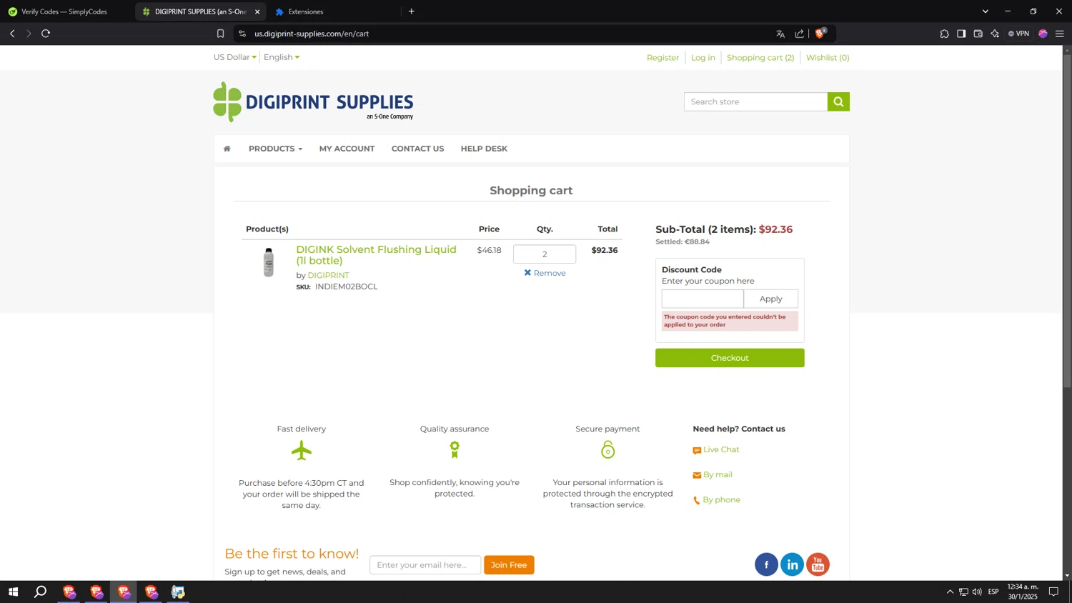 DIGIPRINT SUPPLIES discount code screenshot showing code EXTRA15 applied at DIGIPRINT SUPPLIES checkout page. Uploaded by SimplyCodes community member lllllllllllllll on Jan 30, 2025