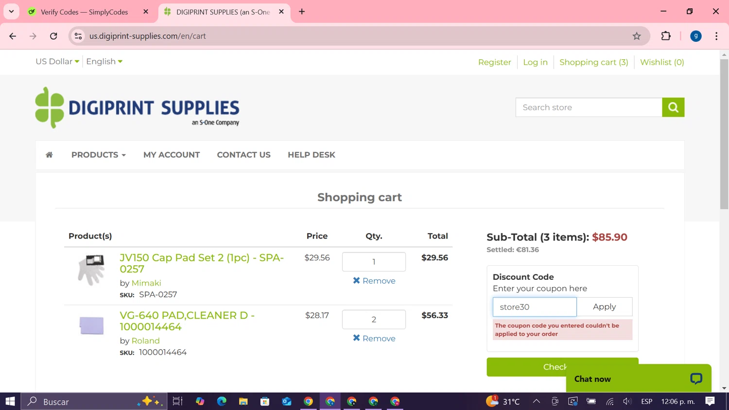 DIGIPRINT SUPPLIES discount code screenshot showing code store30 applied at DIGIPRINT SUPPLIES checkout page. Uploaded by SimplyCodes community member MoneyTiger7289 on Mar 5, 2025