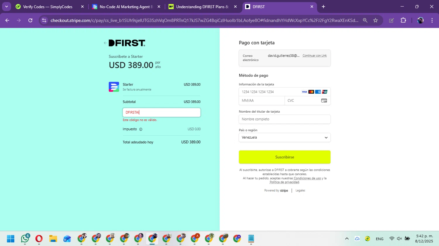Digital First AI promo code screenshot showing code DFIRSTAI applied at Digital First AI checkout page. Uploaded by SimplyCodes community member Marielis on Dec 8, 2025