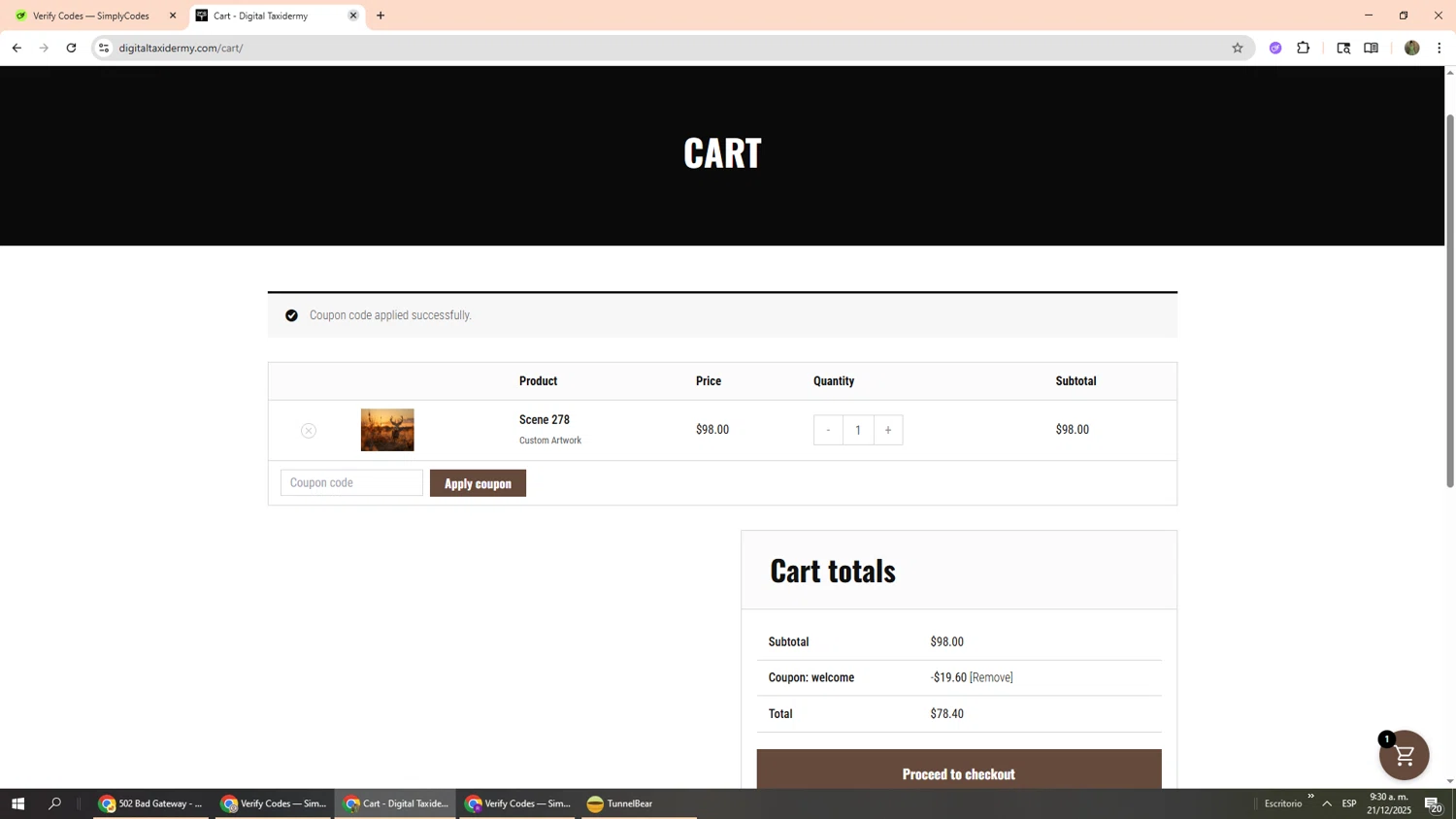 Digital Taxidermy promo code screenshot showing code welcome applied at Digital Taxidermy checkout page. Uploaded by SimplyCodes community member Phoenix585 on Dec 21, 2025