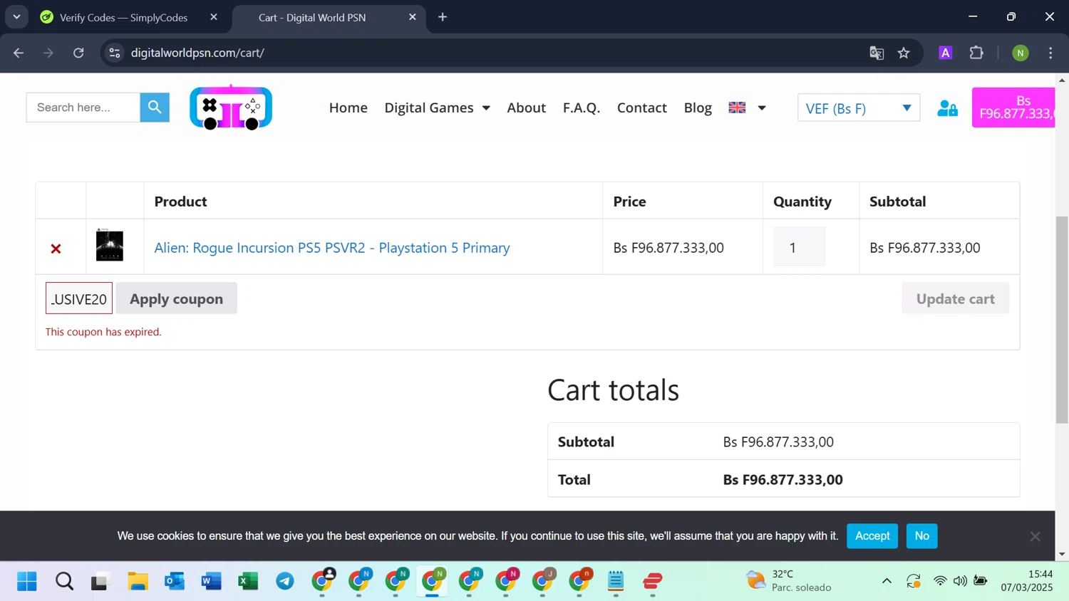 Digital World PSN promo code screenshot showing code EXCLUSIVE20 applied at Digital World PSN checkout page. Uploaded by SimplyCodes community member LuckyKnight4806 on Mar 7, 2025