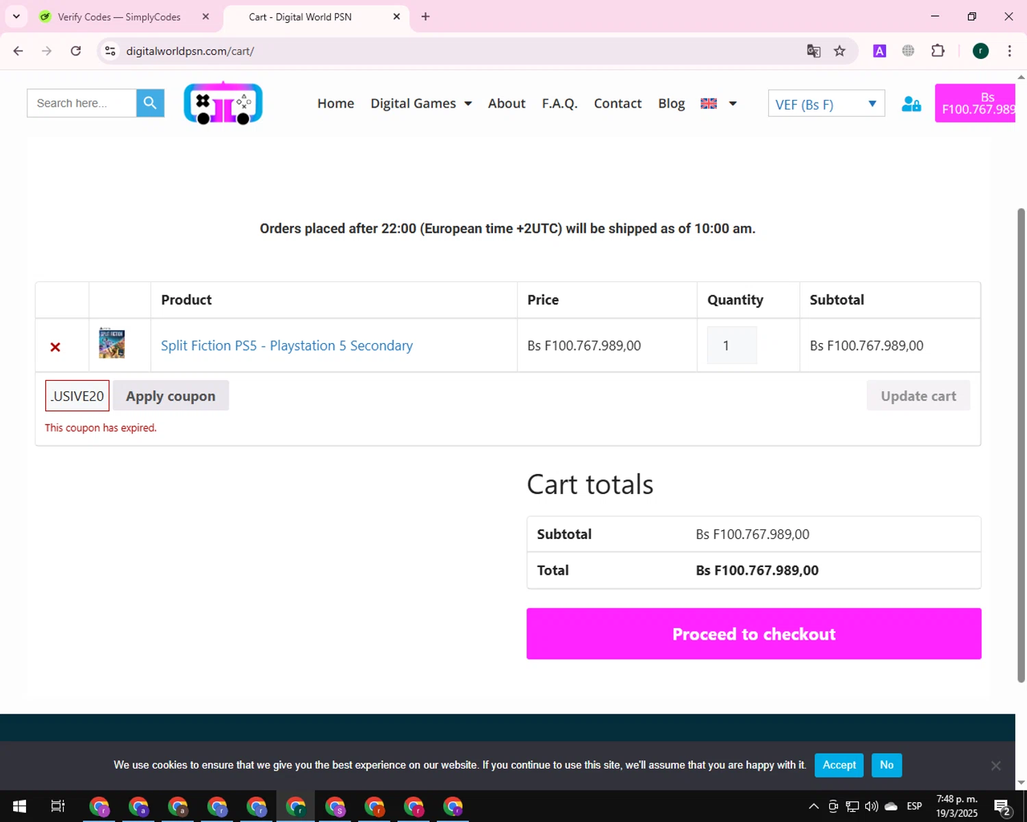 Digital World PSN promo code screenshot showing code EXCLUSIVE20 applied at Digital World PSN checkout page. Uploaded by SimplyCodes community member BrilliantSleuth9299 on Mar 19, 2025