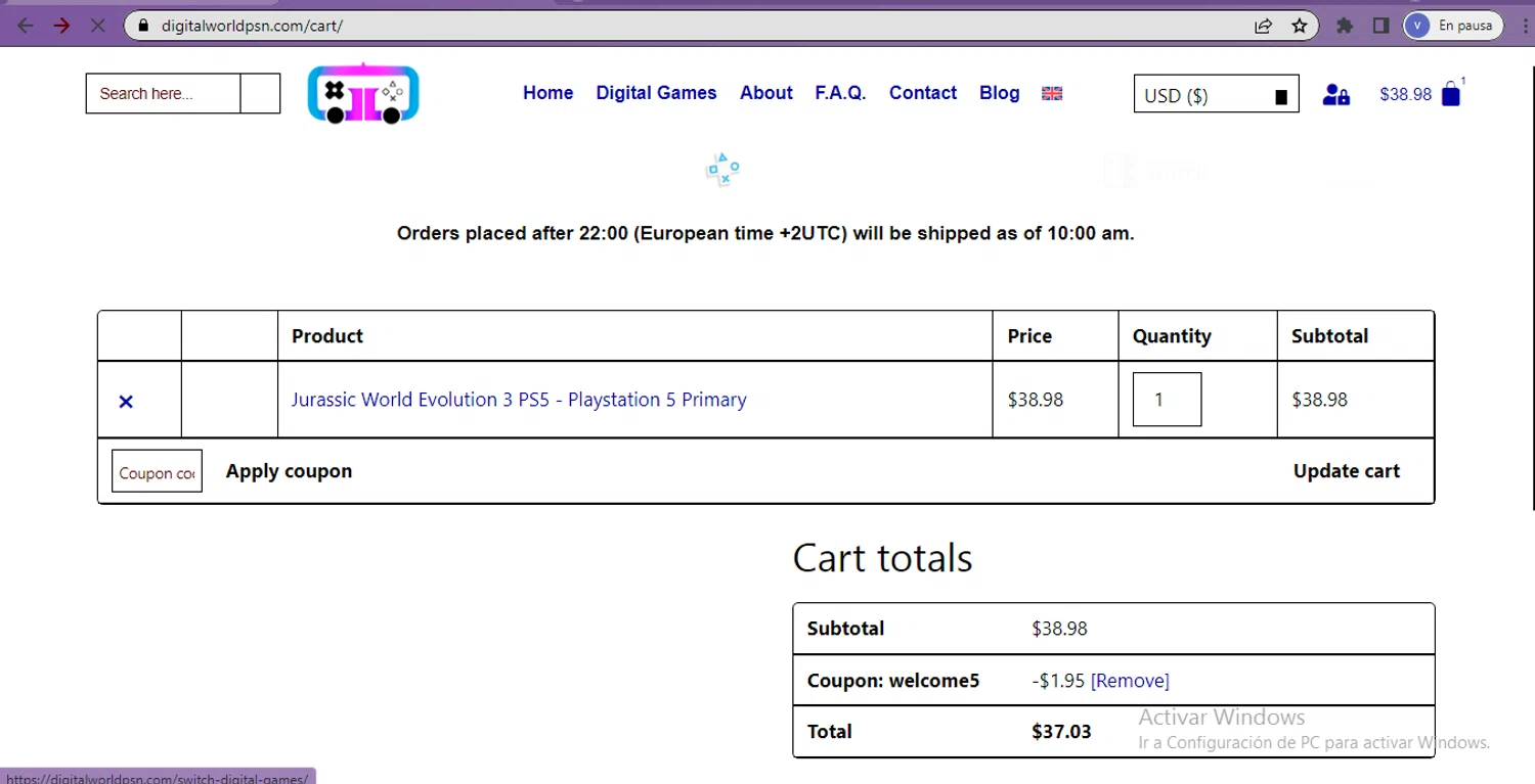 Digital World PSN promo code screenshot showing code welcome5 applied at Digital World PSN checkout page. Uploaded by SimplyCodes community member beatrizcastillo on Oct 23, 2025