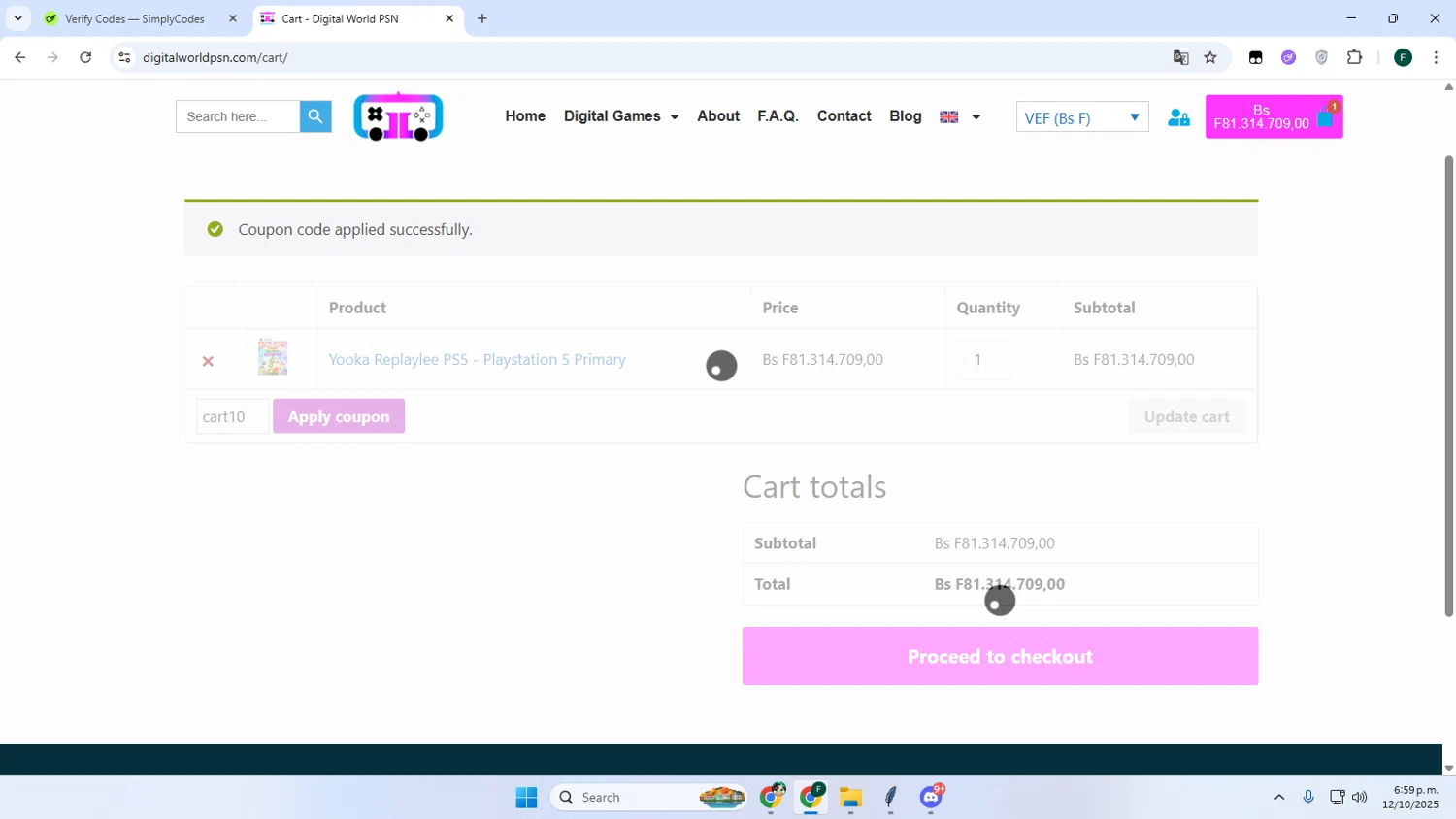 Digital World PSN promo code screenshot showing code cart10 applied at Digital World PSN checkout page. Uploaded by SimplyCodes community member Juanse on Oct 12, 2025