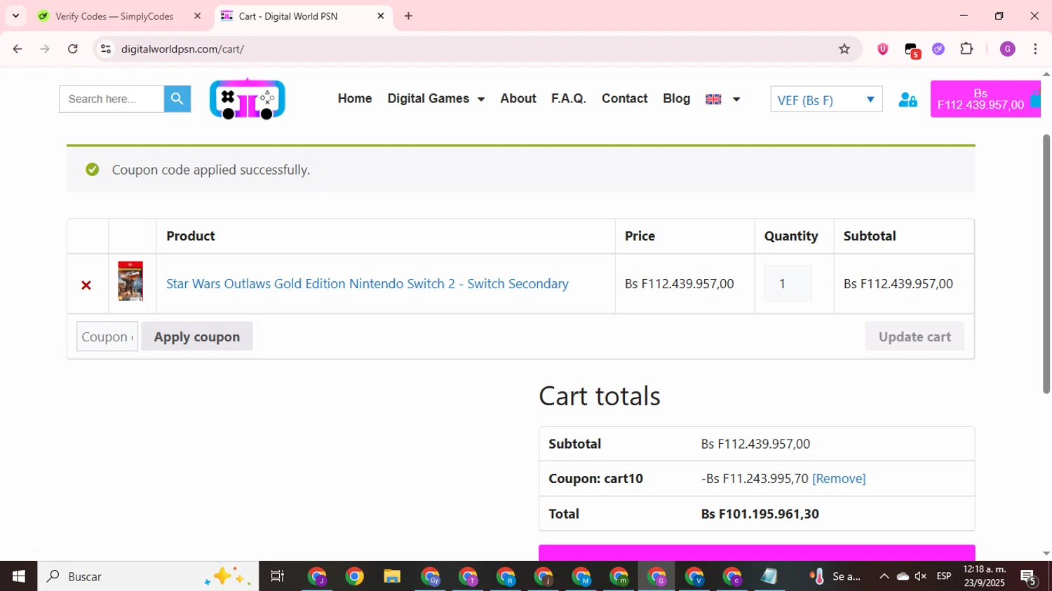 Digital World PSN promo code screenshot showing code cart10 applied at Digital World PSN checkout page. Uploaded by SimplyCodes community member ValuePilot6849 on Sep 23, 2025