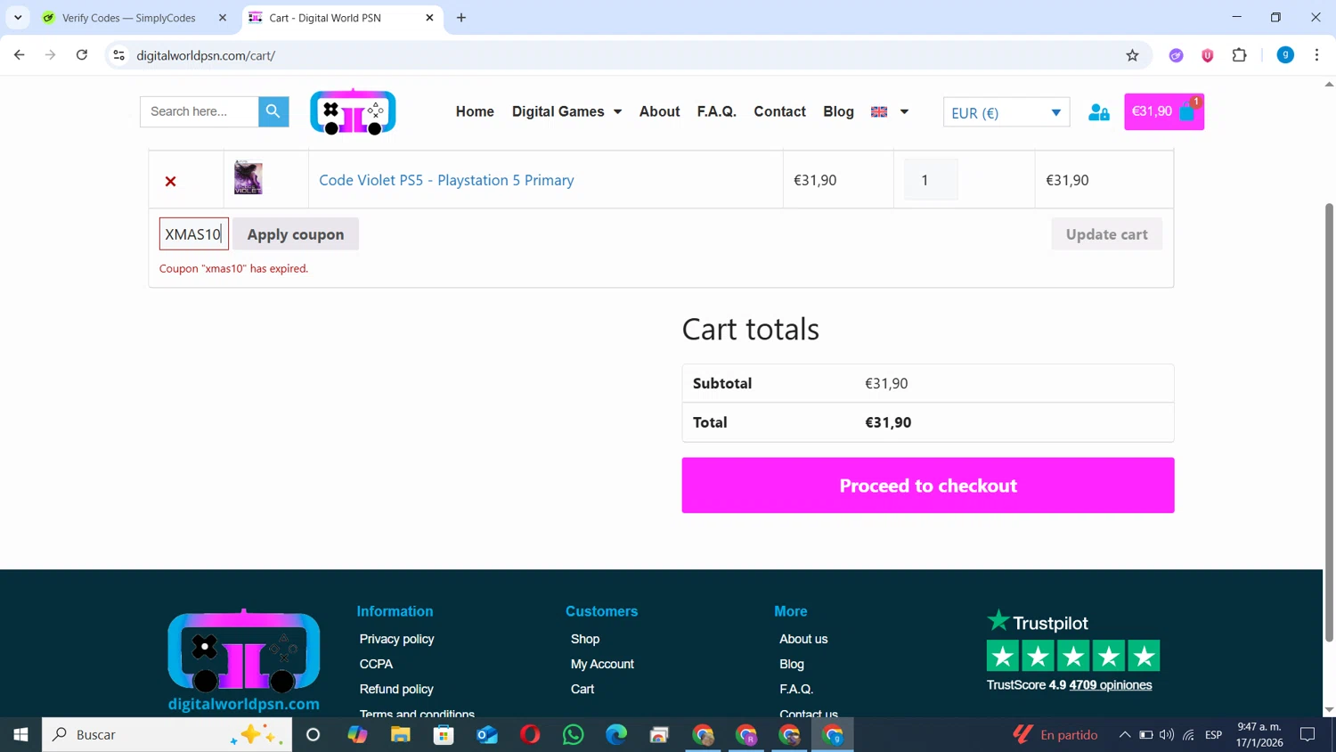 Digital World PSN promo code screenshot showing code XMAS10 applied at Digital World PSN checkout page. Uploaded by SimplyCodes community member ANDRES10 on Jan 17, 2026