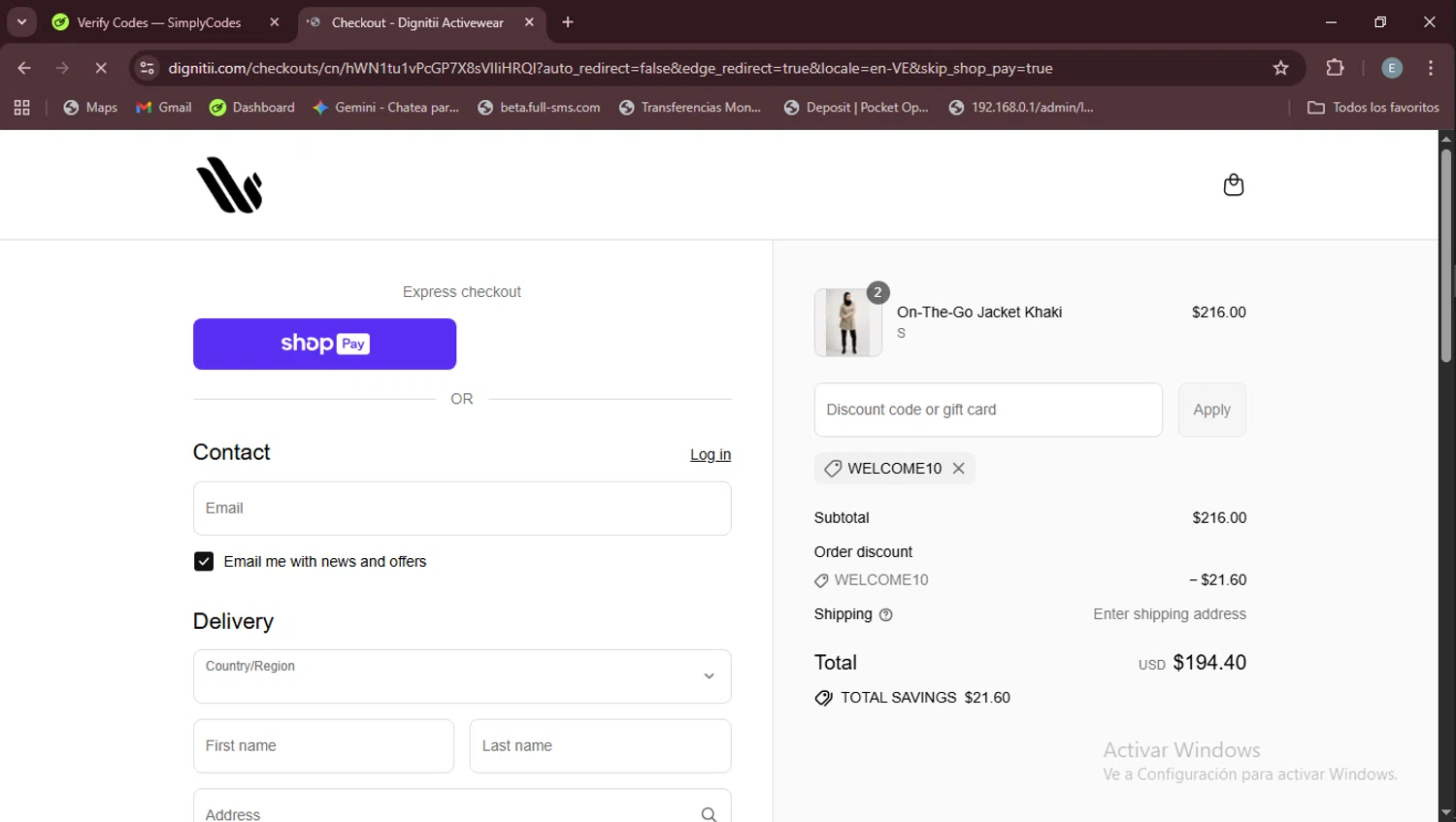 Dignitii Activewear promo code screenshot showing code WELCOME10 applied at Dignitii Activewear checkout page. Uploaded by SimplyCodes community member Esteban on Aug 17, 2025