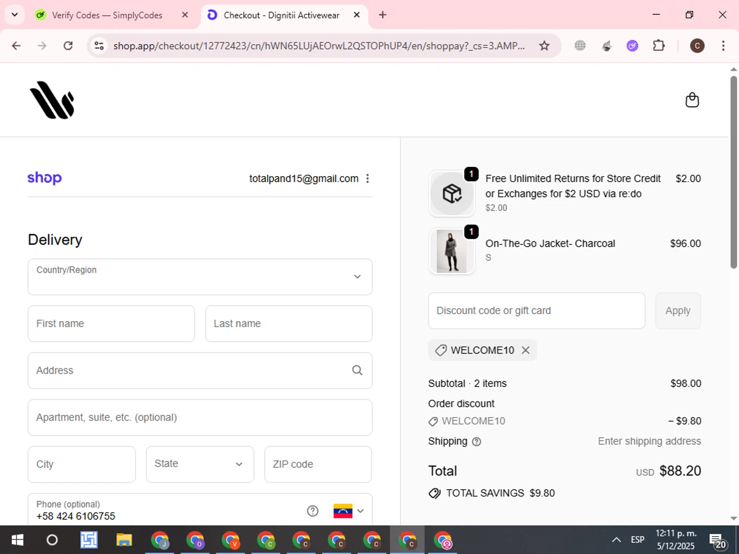 Dignitii Activewear promo code screenshot showing code WELCOME10 applied at Dignitii Activewear checkout page. Uploaded by SimplyCodes community member WonderCurator7831 on Dec 5, 2025