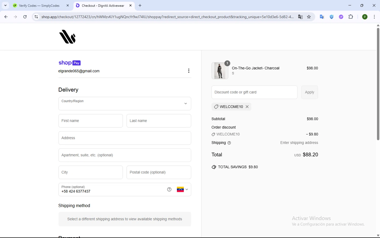 Dignitii Activewear promo code screenshot showing code WELCOME10 applied at Dignitii Activewear checkout page. Uploaded by SimplyCodes community member WonderWarden4709 on Jun 26, 2025