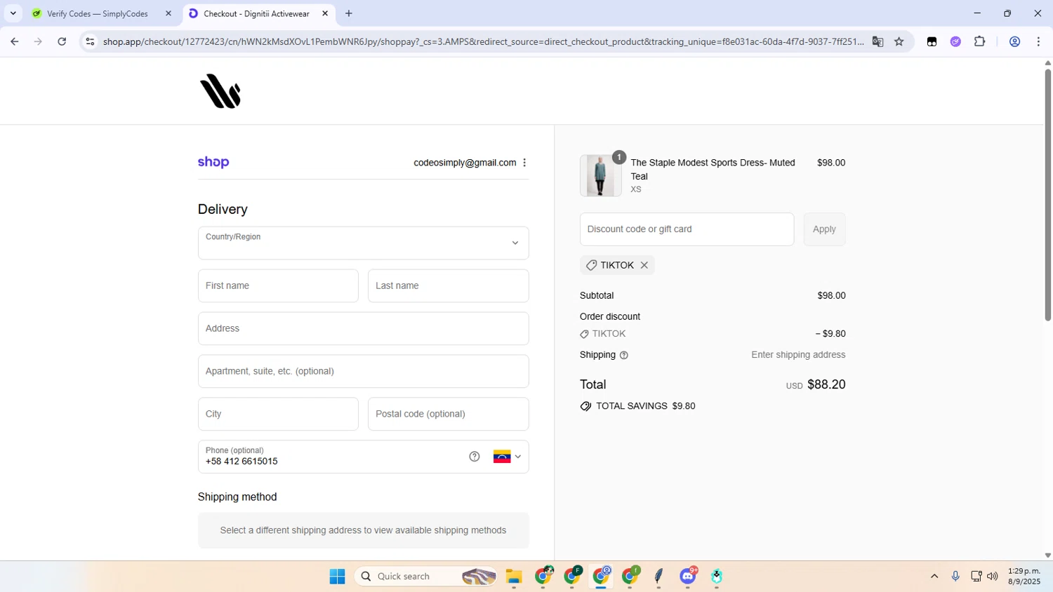 Dignitii Activewear promo code screenshot showing code TIKTOK applied at Dignitii Activewear checkout page. Uploaded by SimplyCodes community member VictoriousVoyager896 on Sep 8, 2025