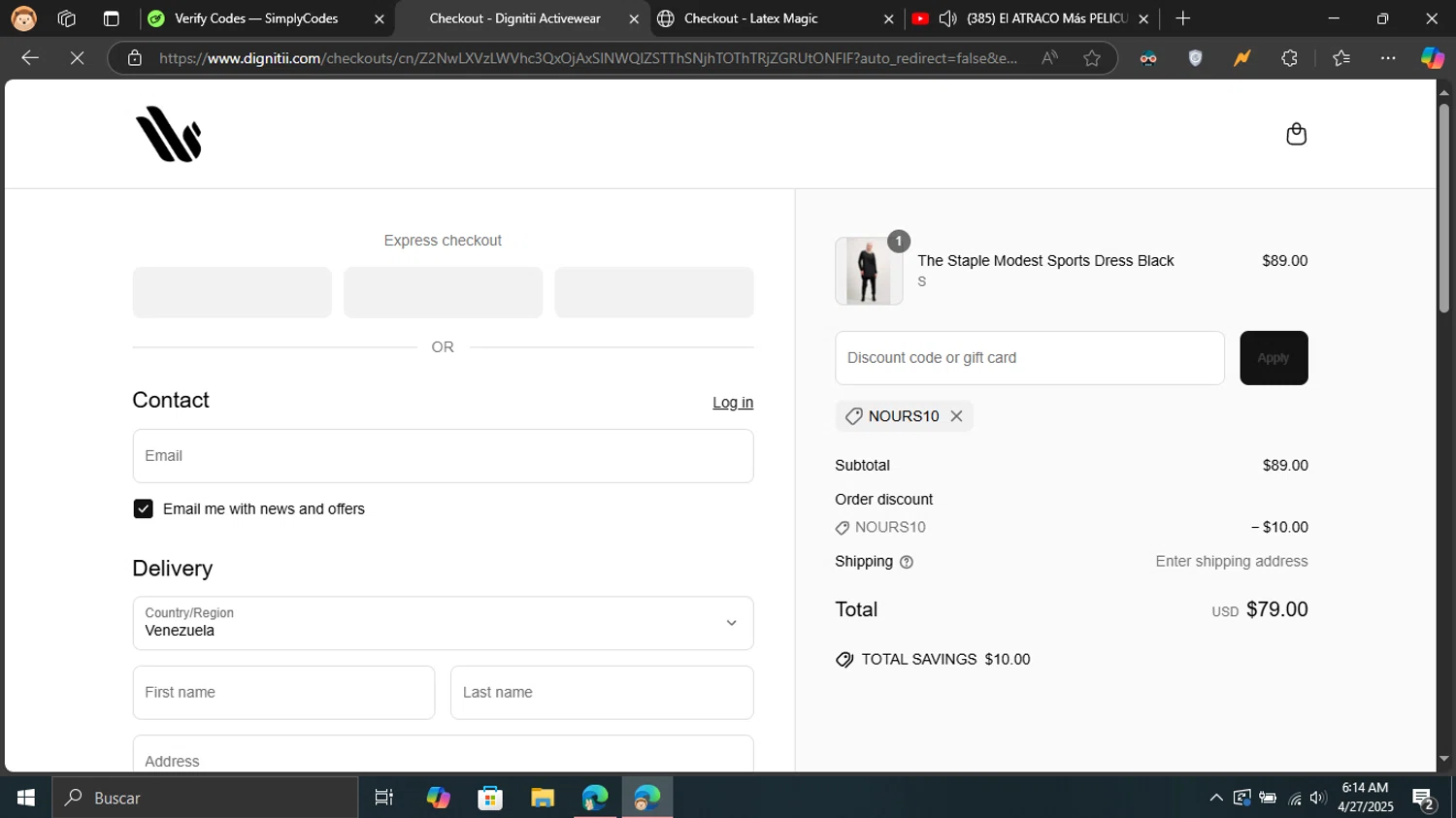 Dignitii Activewear promo code screenshot showing code NOURS10 applied at Dignitii Activewear checkout page. Uploaded by SimplyCodes community member Blackleg_Sanji on Apr 27, 2025