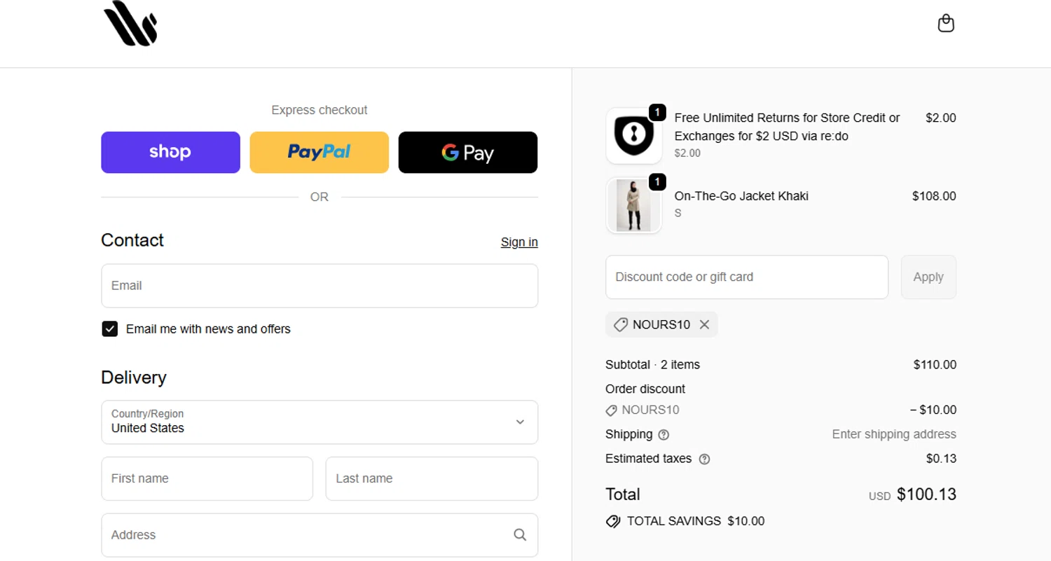 Dignitii Activewear promo code screenshot showing code NOURS10 applied at Dignitii Activewear checkout page. Uploaded by SimplyCodes community member ThriftyShopper3669 on Oct 15, 2025