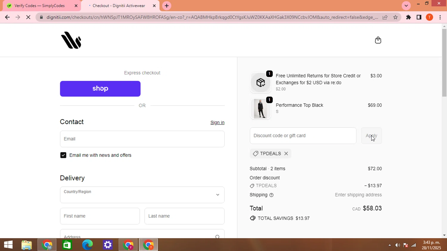 Dignitii Activewear promo code screenshot showing code TPDEALS applied at Dignitii Activewear checkout page. Uploaded by SimplyCodes community member HHHHHHH on Nov 28, 2025